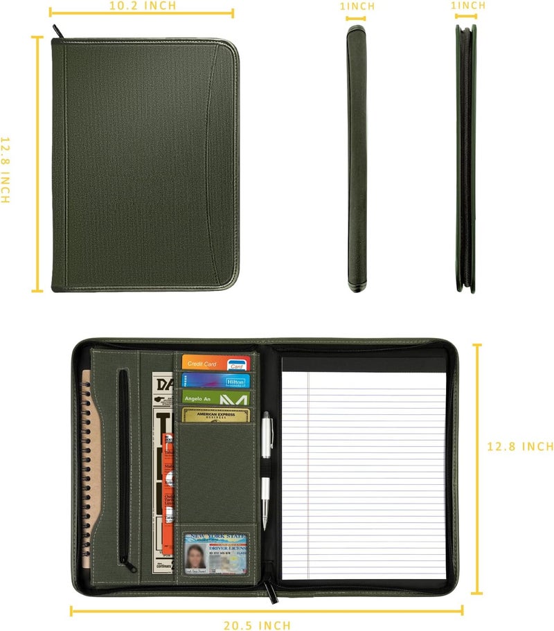 Gorbado Zippered Portfolio Organizer/ A4 Refillable Lined Writing Notepad Folder Case/Fabric-Covered Padfolio Binder with Interior Storage Pocket for Men Women.Dark Olive - Image 2